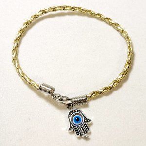 ‎Kabbalah HAMSA HAND "Evil Eye" Lucky Charm Gold Faux Leather Braided Bracelet